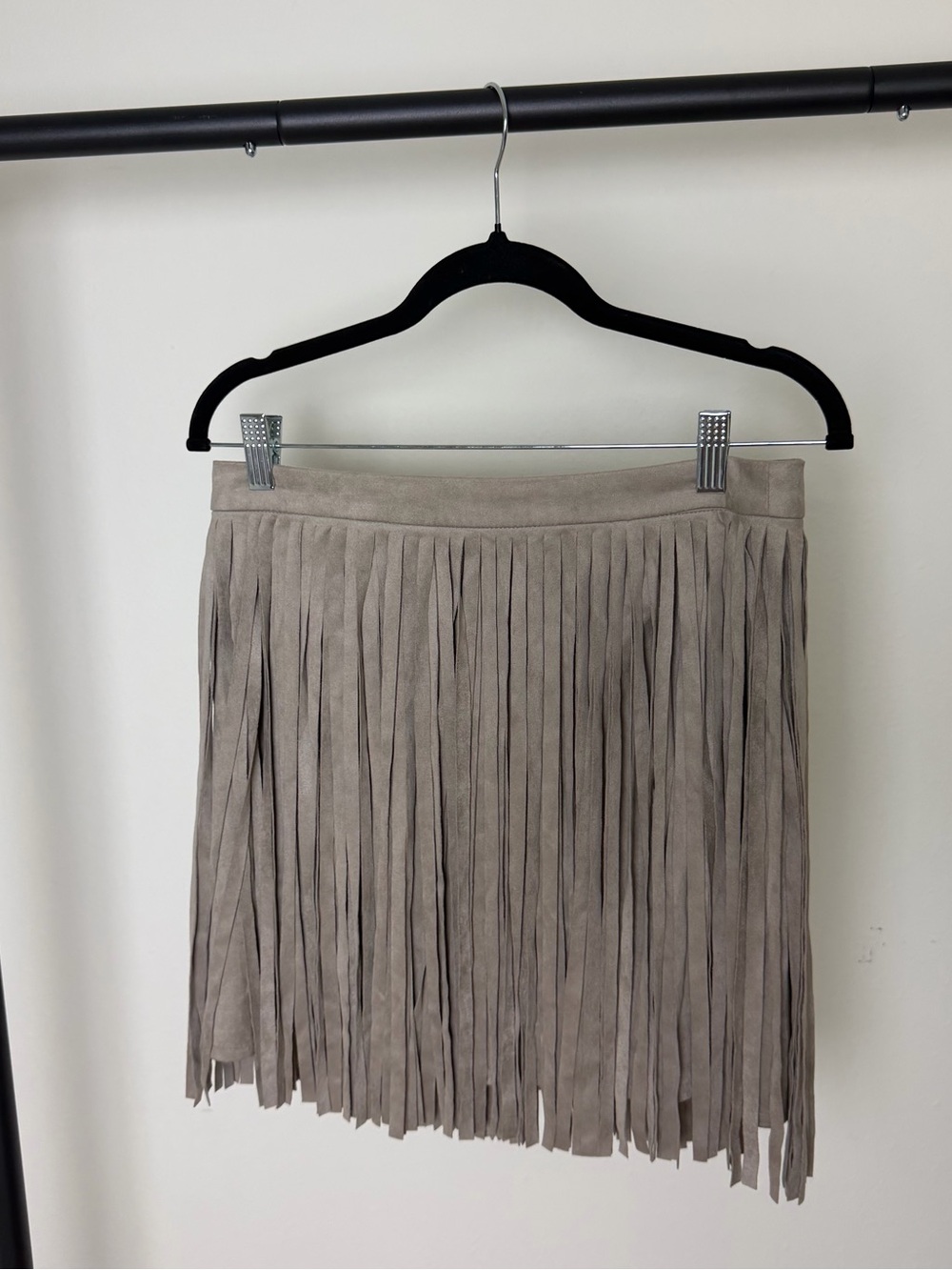 BB Dakota Taupe Fringe Mini Skirt